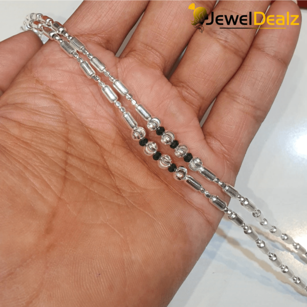 Payal/Anklet with Black Bits in Pure 925 Sterling Silver (Size: Adjustable)