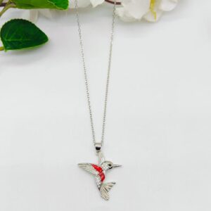 Chain with Red&White Bird Pendent in Sterling Silver 925