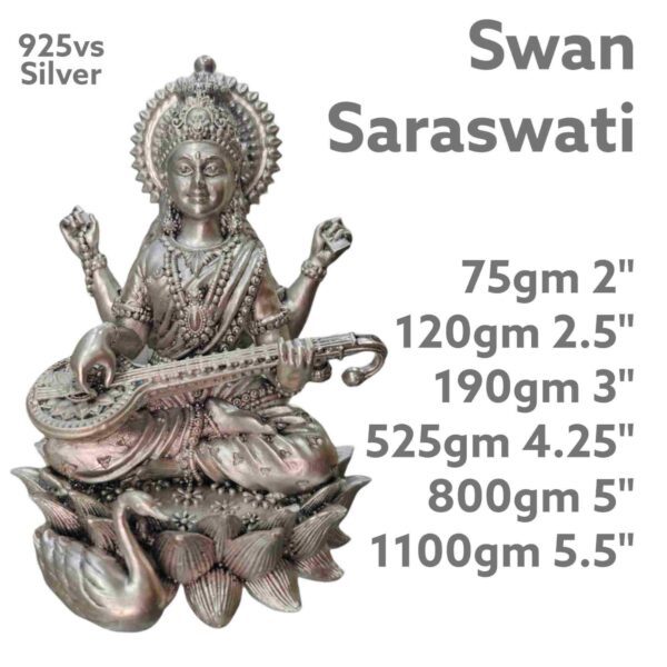 Ma Saraswati Seated on Swan Idol in Pure Silver 925 Hallmarked