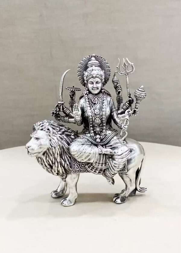 Durga Devi Lion Pure Silver Idol