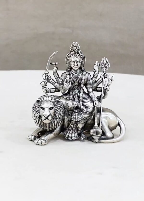 Durga Devi on Sitting Lion Pure Silver Idol