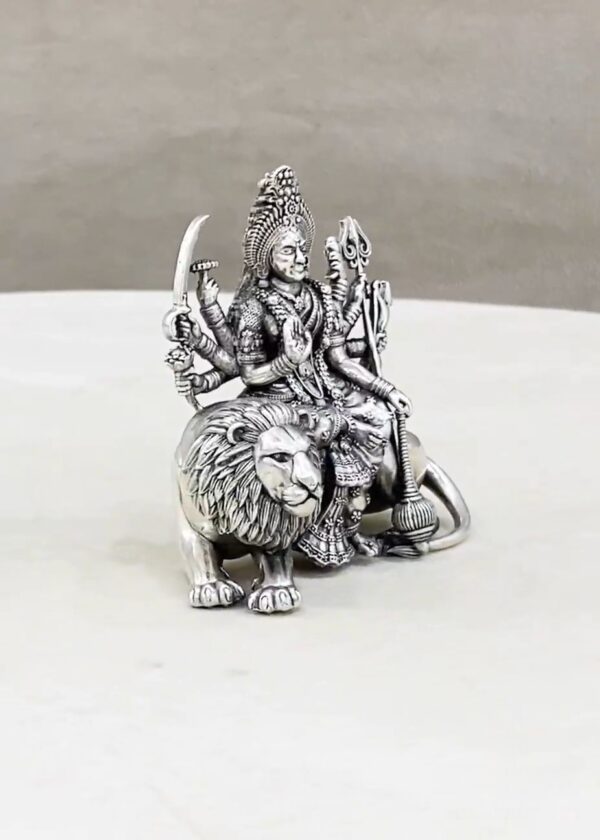 Durga Devi on Sitting Lion Pure Silver Idol - Image 2