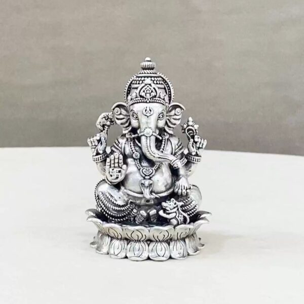 Pure Silver Ganesha Idol on Lotus Flower