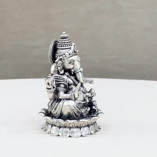 Pure Silver Ganesha Idol on Lotus Flower - Image 2