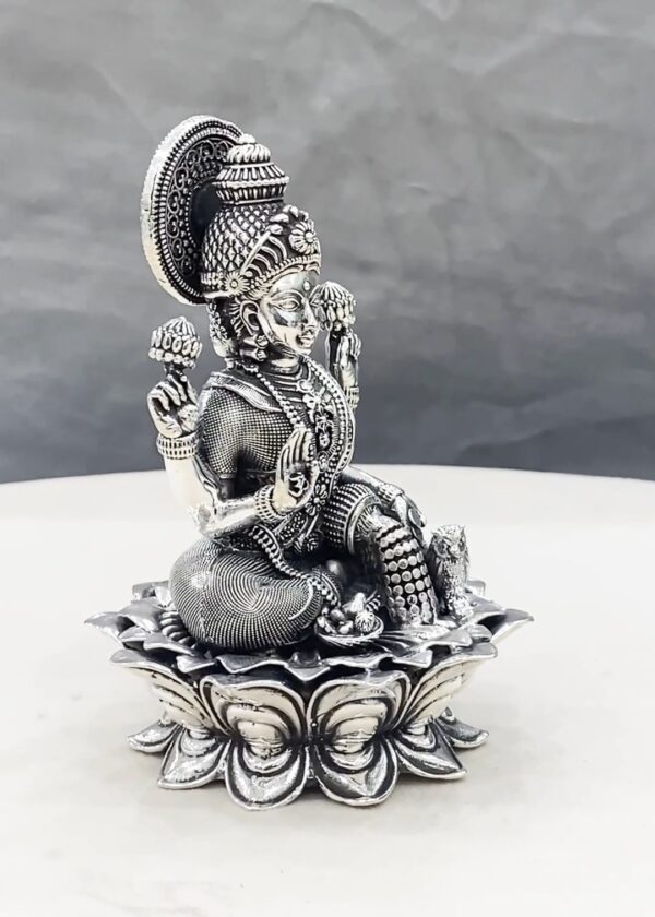 925 Pure Silver Lakshmi Idol on Lotus Flower - Image 3
