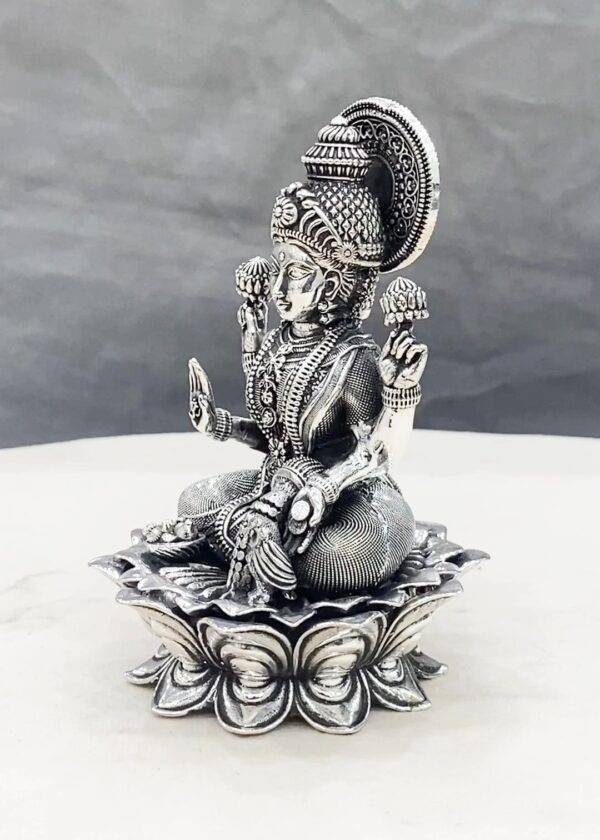 925 Pure Silver Lakshmi Idol on Lotus Flower - Image 2