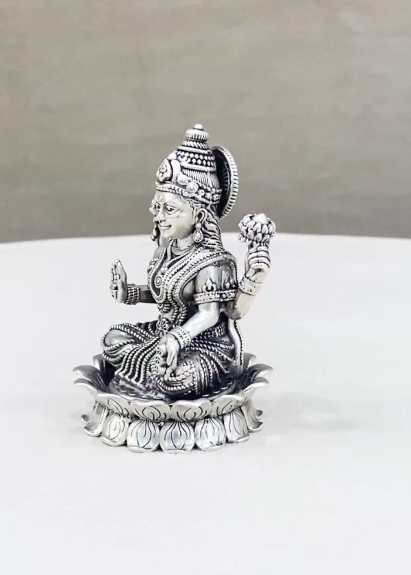 Pure Silver Lakshmi Idol on Lotus Flower - Image 2
