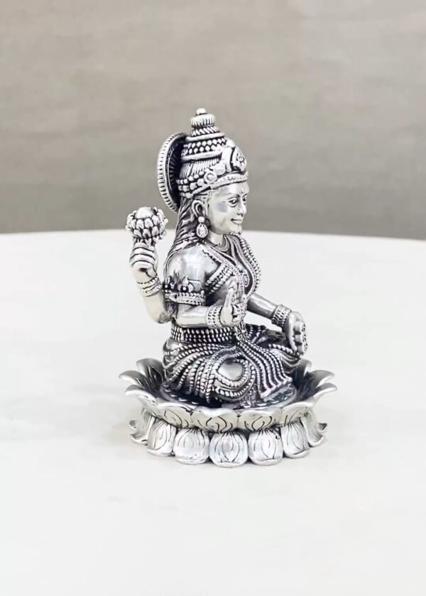 Pure Silver Lakshmi Idol on Lotus Flower - Image 3