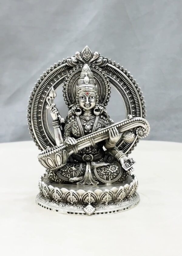 Maa Saraswati Silver Idol with Back Arch
