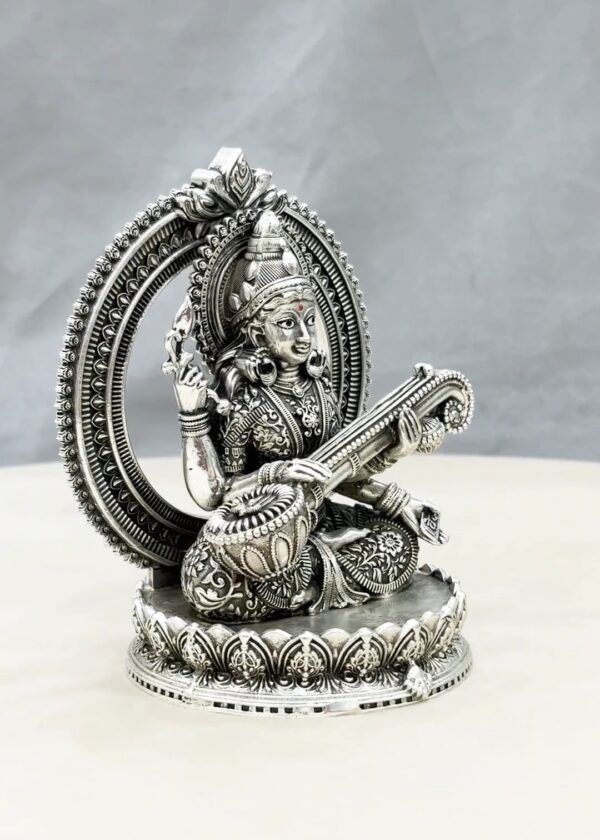 Maa Saraswati Silver Idol with Back Arch - Image 2