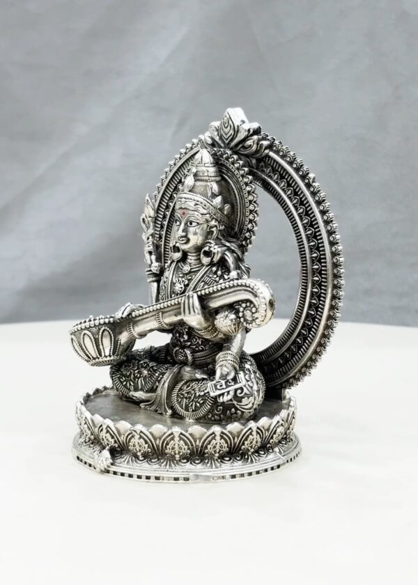 Maa Saraswati Silver Idol with Back Arch - Image 3