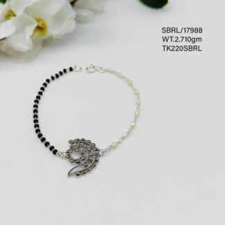 Black Beads Floral Bracelet in Sterling Silver Pure 925 Hallmarked