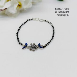 Ladies Black Beads Floral Bracelet in Sterling Silver Pure 925 Hallmarked