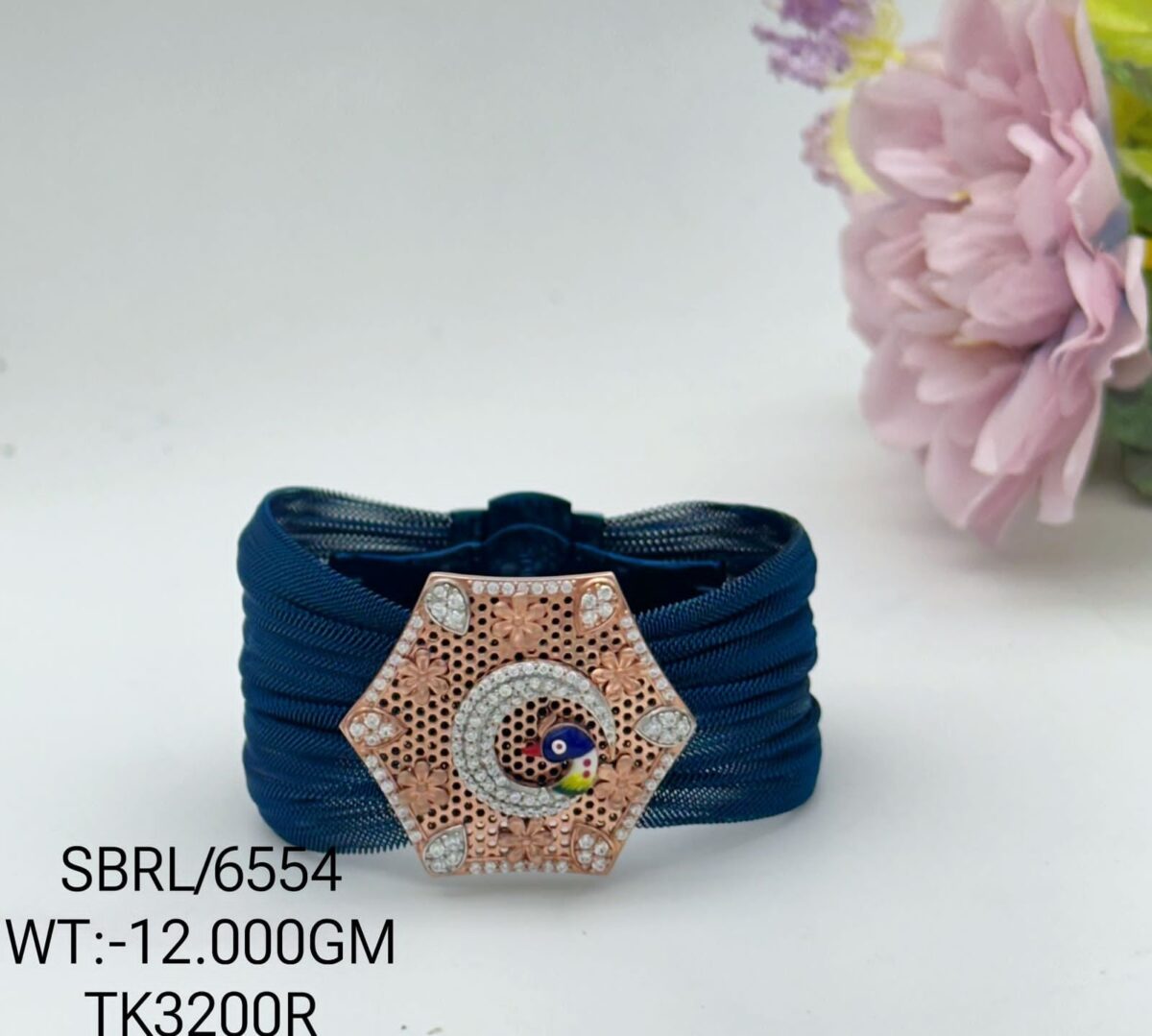 Stunning peacock Fabric Bracelet in Sterling Silver Pure 925