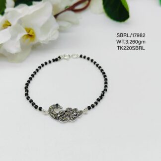 Black Beads Peacock Bracelet in Sterling Silver Pure 925 Hallmarked