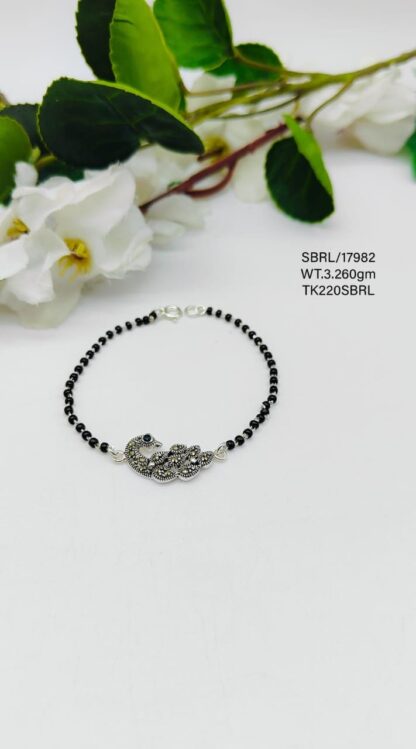 Black Beads Peacock Bracelet in Sterling Silver Pure 925 Hallmarked