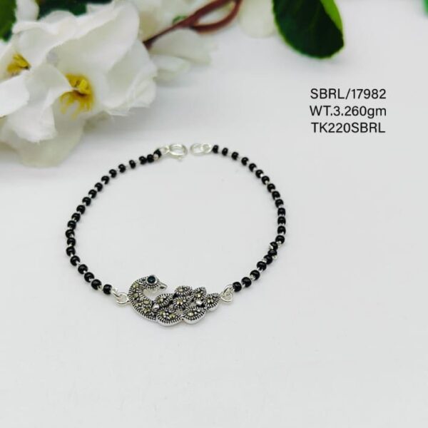 Black Beads Peacock Bracelet in Sterling Silver Pure 925 Hallmarked