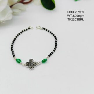 Black Beads Floral Bracelet in Sterling Silver Pure 925 Hallmarked