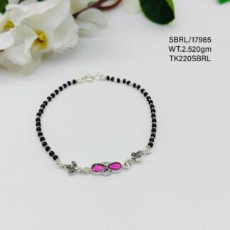 Black Beads Floral Bracelet in Sterling Silver Pure 925 Hallmarked