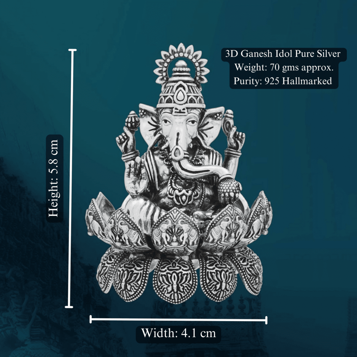 Ganesh Idol in Pure Silver 925 Hallmarked Width:4.1cm Hei:5.8cm