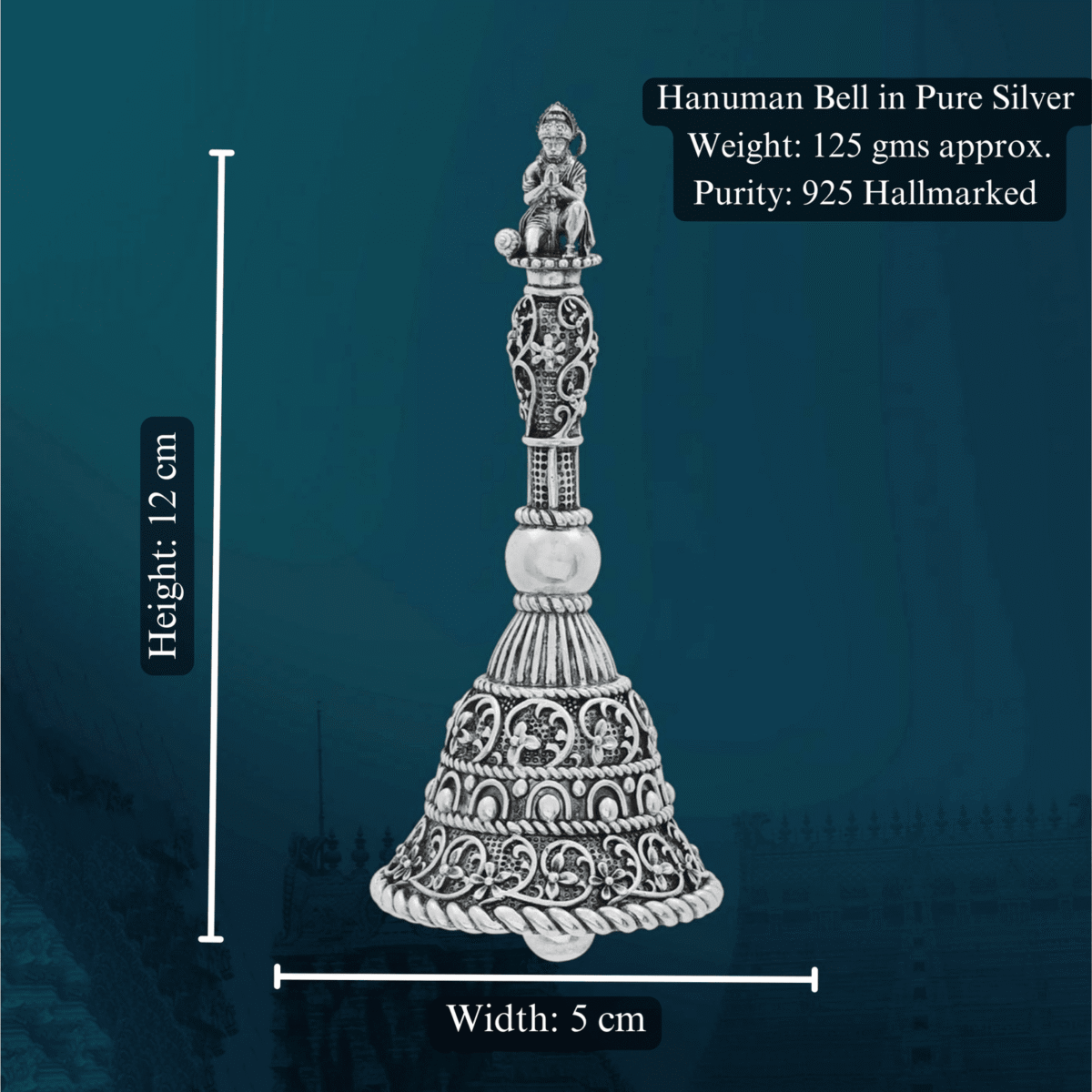 Hanuman Bell in Pure Silver 925 Hallmarked Width:5cm Hei:12cm - Image 1