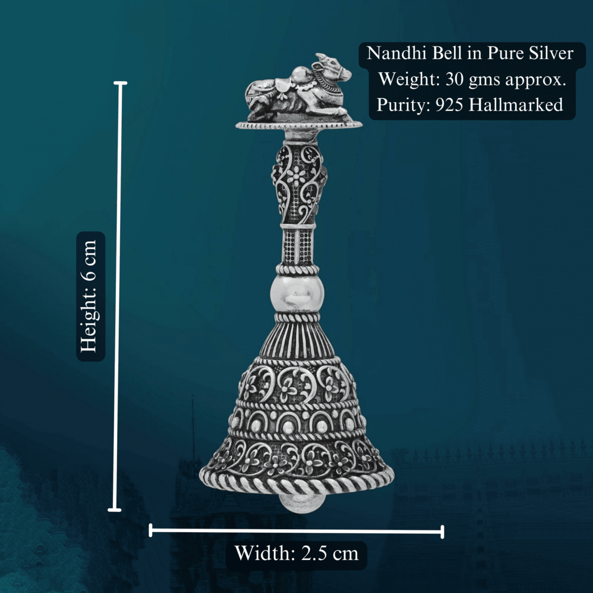 Nandhi Bell in Pure Silver 925 Hallmarked Width:2.5cm Hei:6cm - Image 1