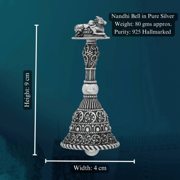 Nandhi Bell in Pure Silver 925 Hallmarked Width:4cm Hei:9cm