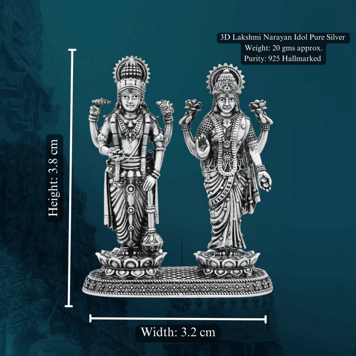 Lakshmi Narayan Idol in Pure Silver 925 Hallmarked Width:3.2cm Hei:3.8cm - Image 1