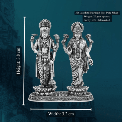 Lakshmi Narayan Idol in Pure Silver 925 Hallmarked Width:3.2cm Hei:3.8cm