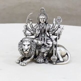 Durga Devi on Sitting Lion Pure Silver Idol