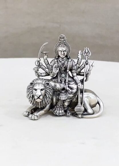 Durga Devi on Sitting Lion Pure Silver Idol