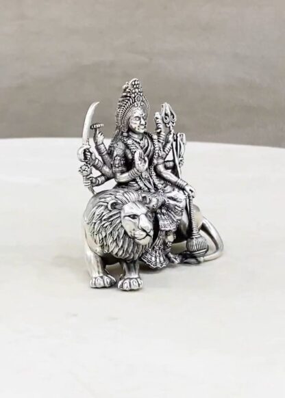 Durga Devi on Sitting Lion Pure Silver Idol - Image 2