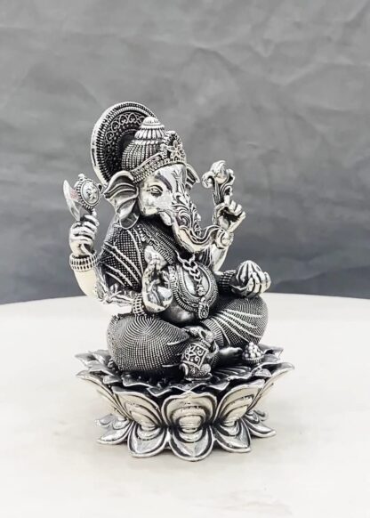 925 Pure Silver Ganesha Idol on Lotus Flower - Image 2