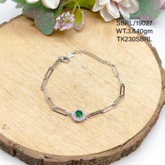Ladies Green Solitaire Bracelet in Sterling Silver Pure 925 BIS Hallmarked