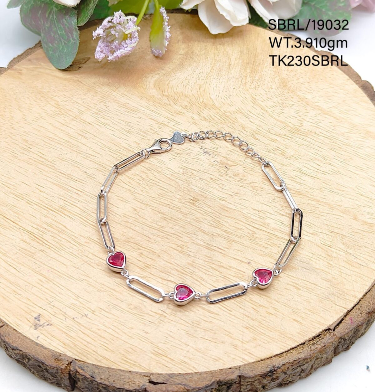Ladies Pink Heart Bracelet in Sterling Silver Pure 925 BIS Hallmarked