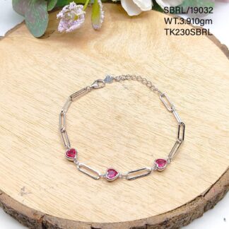 Ladies Pink Heart Bracelet in Sterling Silver Pure 925 BIS Hallmarked