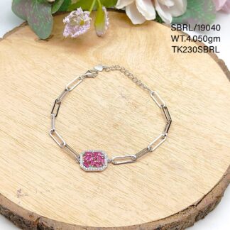 Ladies Pink Solitaire Bracelet in Sterling Silver Pure 925 BIS Hallmarked