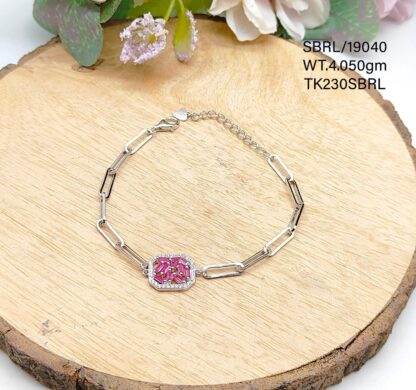 Ladies Pink Solitaire Bracelet in Sterling Silver Pure 925 BIS Hallmarked
