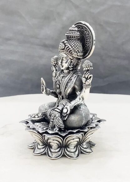 925 Pure Silver Lakshmi Idol on Lotus Flower - Image 2