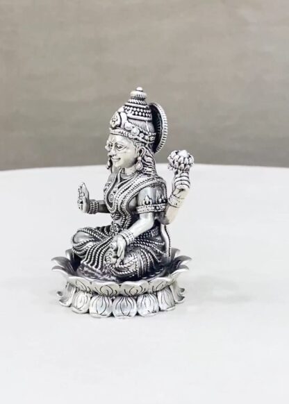 Pure Silver Lakshmi Idol on Lotus Flower - Image 2