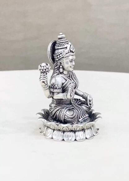 Pure Silver Lakshmi Idol on Lotus Flower - Image 3