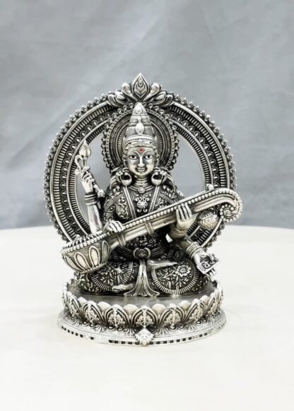 Maa Saraswati Silver Idol with Back Arch