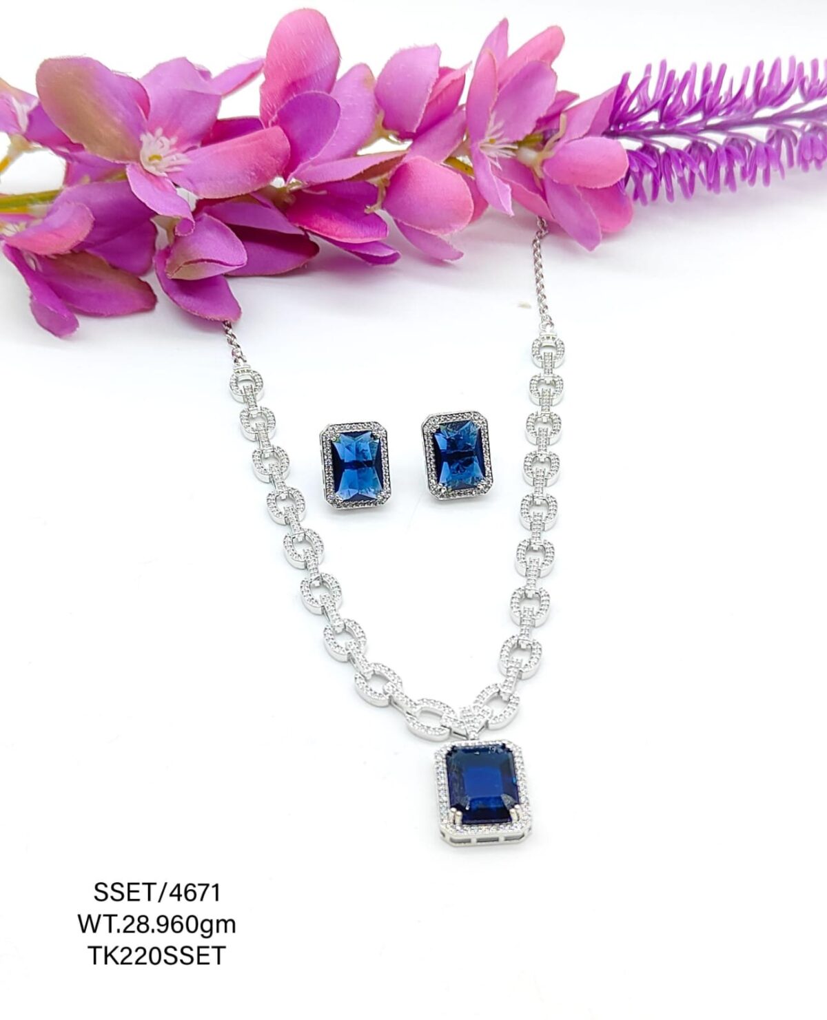 Stunning  Blue Sapphire Necklace and Earrings set in Sterling Silver 925 - Image 1