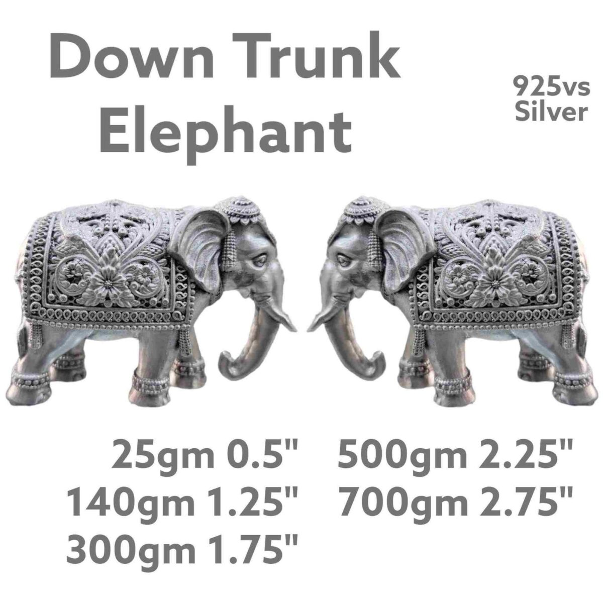 Down Trunk Elephant in Pure Silver 925 Hallmarked