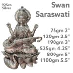Ma Saraswati Seated on Swan Idol in Pure Silver 925 Hallmarked