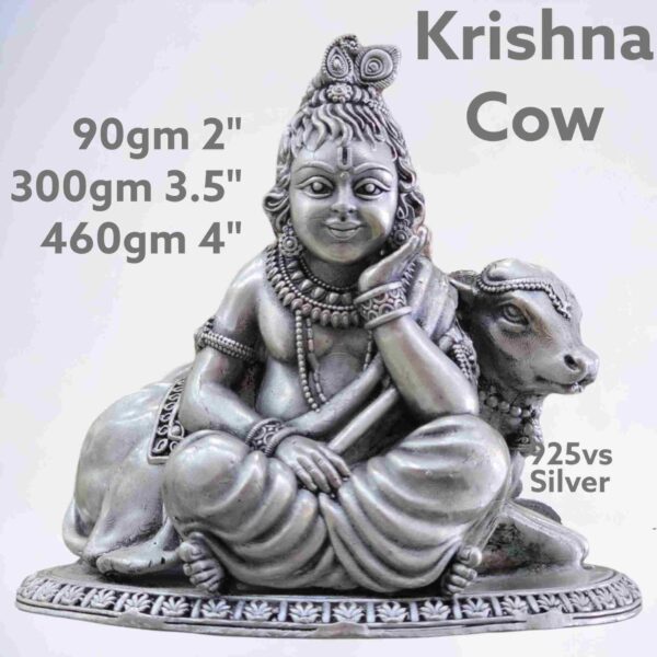 Exquisite Krishna Cow Idol in Pure Silver 925 Hallmarked