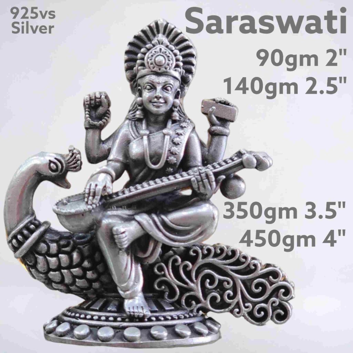 Exquisite Ma Saraswati Idol in Pure Silver 925 Hallmarked
